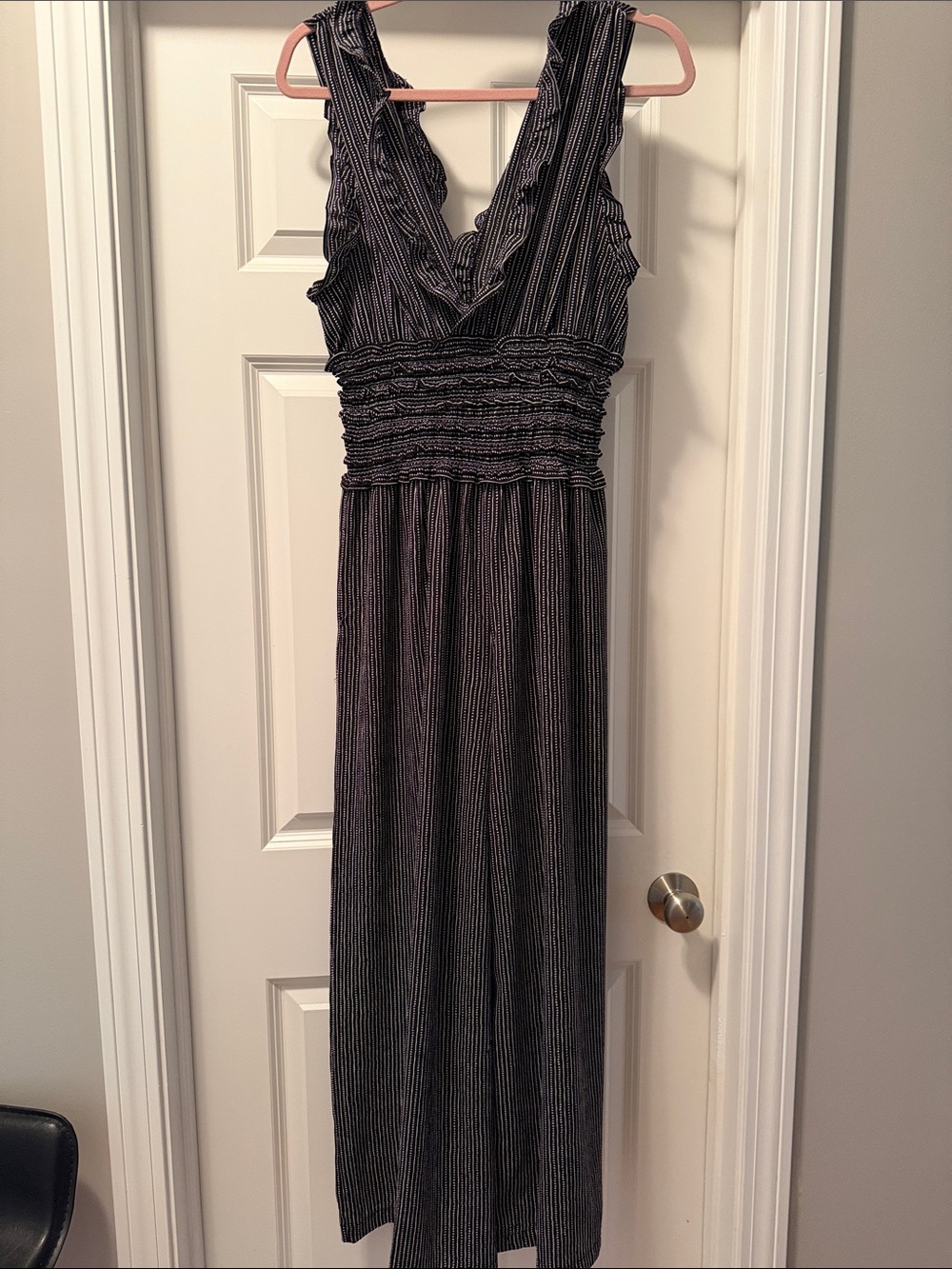 Max Studio Black and White Striped Ruffle V-Neck Maxi Dress